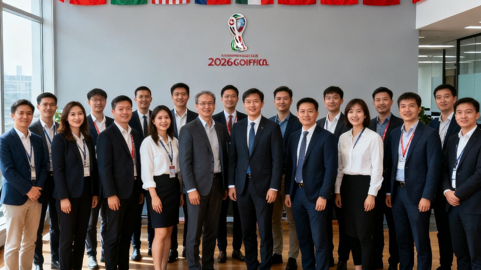 2026世界杯官网团队合影，办公室背景挂满各国旗帜，团队约50人