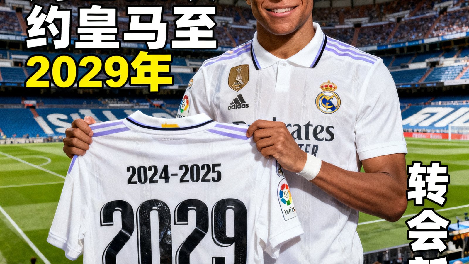 姆巴佩续约皇马至2029年，转会新闻配图，球员手持球衣