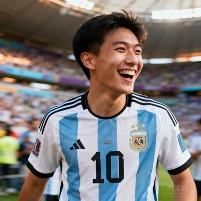 年轻男球迷小王，世界杯阿根廷球迷，身穿10号球衣，面带笑容