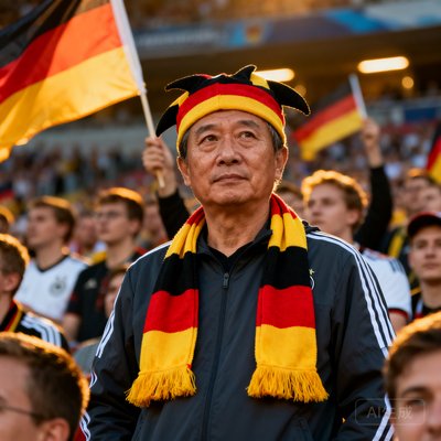 中年男球迷老李，德国队铁粉，头戴德国队围巾